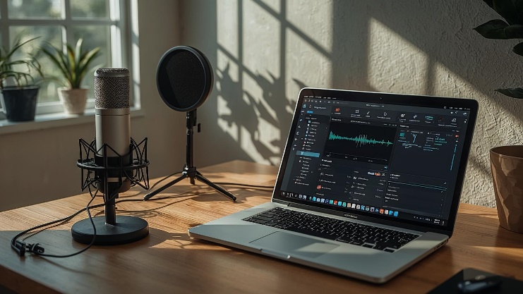 Podcast microphone and laptop setup for AI leadership discussion