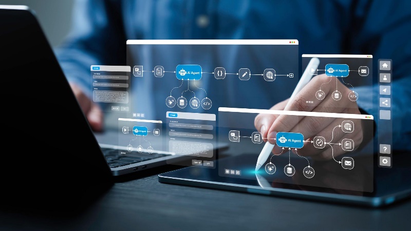 AI Agent builder platform workflow on laptop and tablet